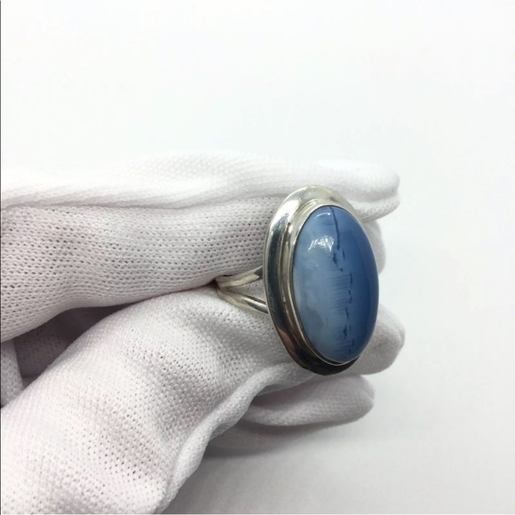 BLUE/ WHITE LACE AGATE STERLING SILVER OVAL RING - Picture 3 of 10